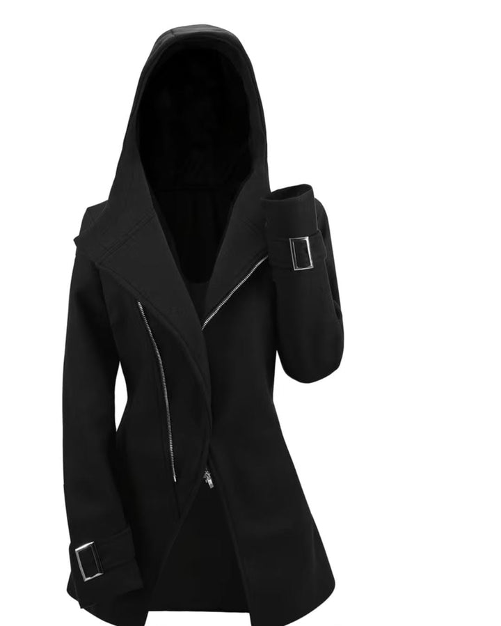 Chaquetón estilo cruzado para dama en color negro, abierto