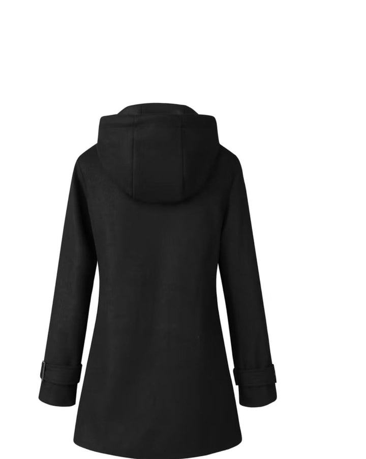 Chaquetón estilo cruzado para dama en color negro, de espalda