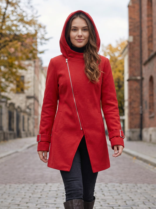 Chaquetón estilo cruzado para dama en color rojo, puesto