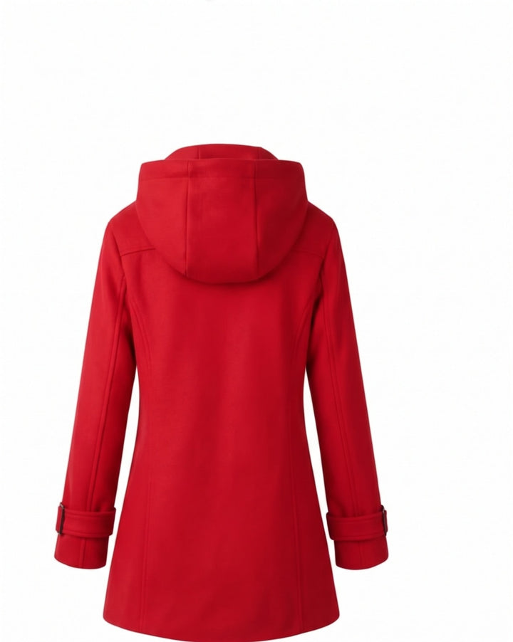 Chaquetón estilo cruzado para dama en color rojo, de espalda
