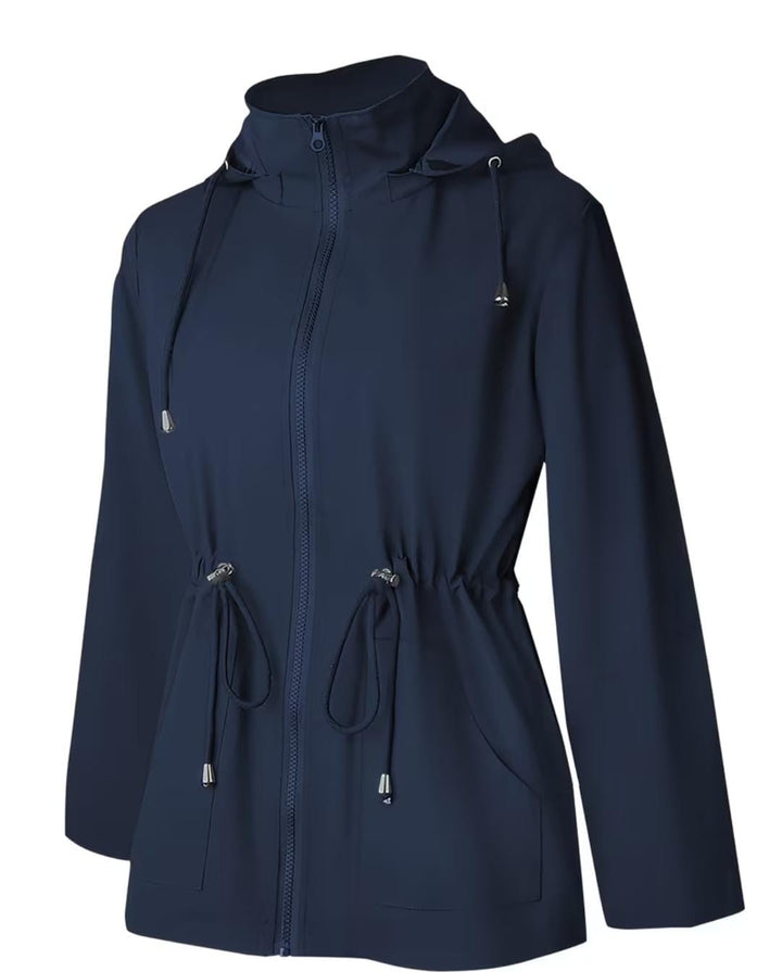 Chaqueta impermeable térmica en color azul oscuro, de tres cuartos